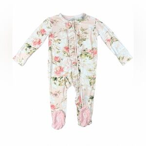 POSH PEANUT Baby Girl Vintage Pink Rose Bamboo Ruffled Zippered Footie - 3-6M